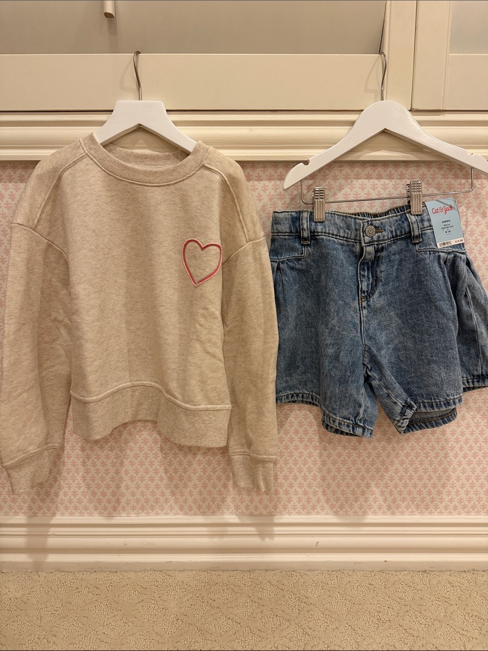 Cat & Jack Beige Heart Sweater and Denim Shorts
